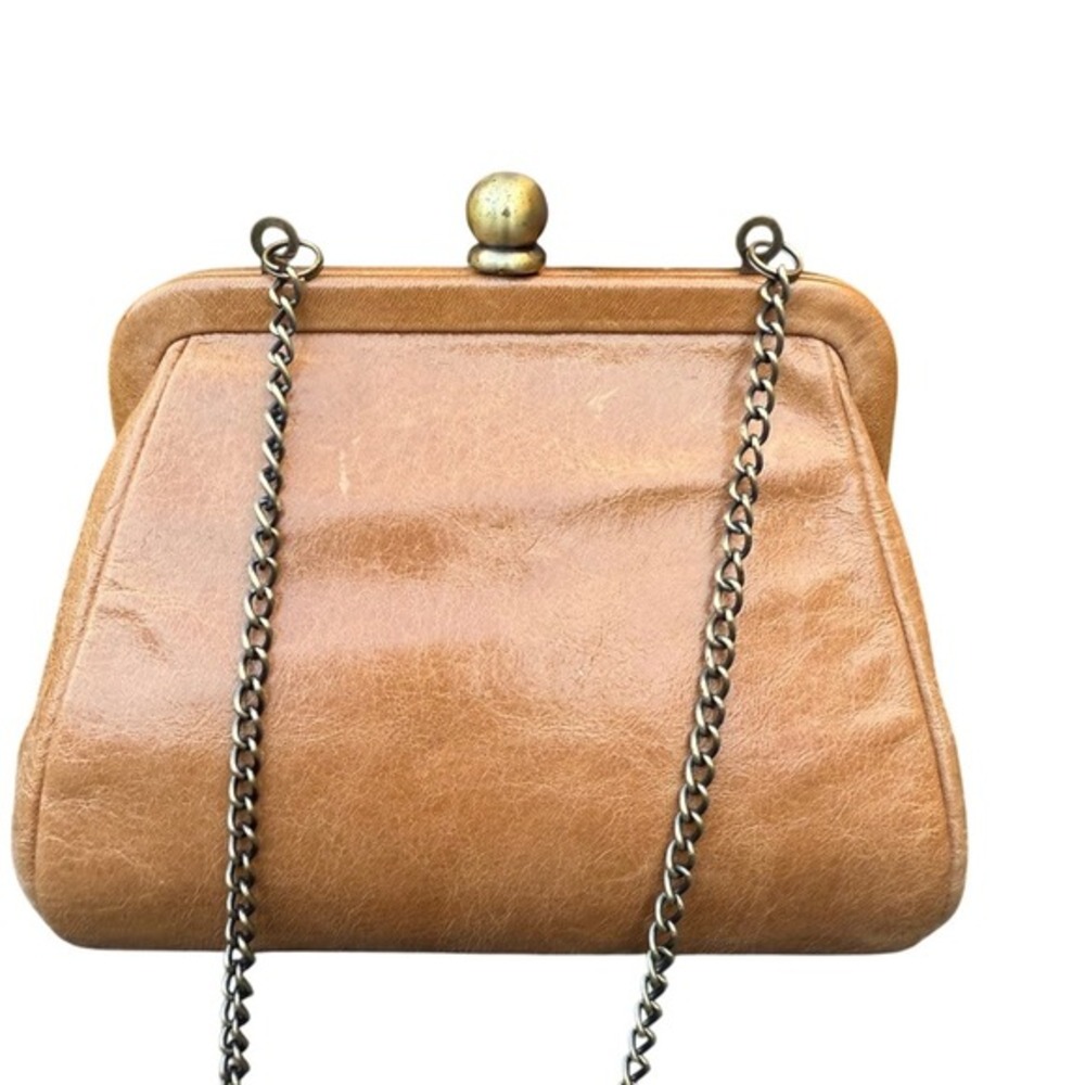 HOBO Tan Leather‎ Kiss-Lock Frame Crossbody with Antique Brass Chain